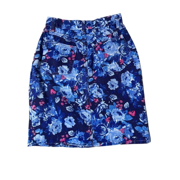 Vintage 90s Blue Floral Denim High Waist Button Front Mini Skirt Size 6 - Picture 9 of 9